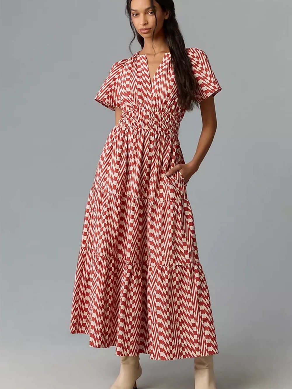 Anthropologie Somerset Maxi Dress Women L Rose Red Geometric Striped